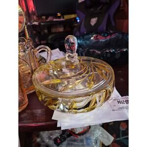 Vintage Amber Glass Covered Divided Candy Dish Whith A Yellow Leaf Pattern
